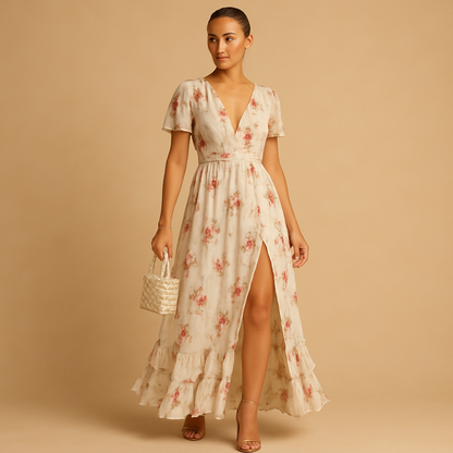 Women’s lace floral midi dress with elegant neckline and flattering fit, ideal for weddings, cocktail parties and formal evening events.