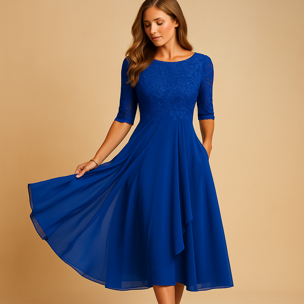 Women’s midi dress with lace top and asymmetrical layered skirt, ideal for cocktail parties, summer events, and elegant special occasions.