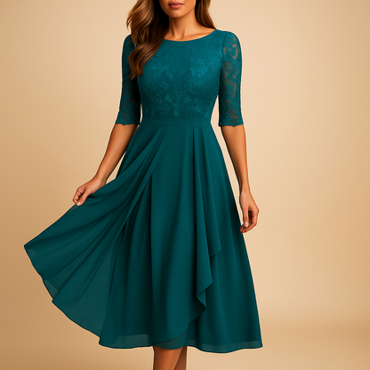 Women’s midi dress with lace top and asymmetrical layered skirt, ideal for cocktail parties, summer events, and elegant special occasions.