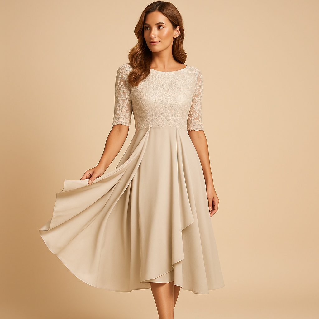 Women’s lace top asymmetric midi dress with layered skirt and elbow-length sleeves, perfect for cocktail parties and elegant occasions.