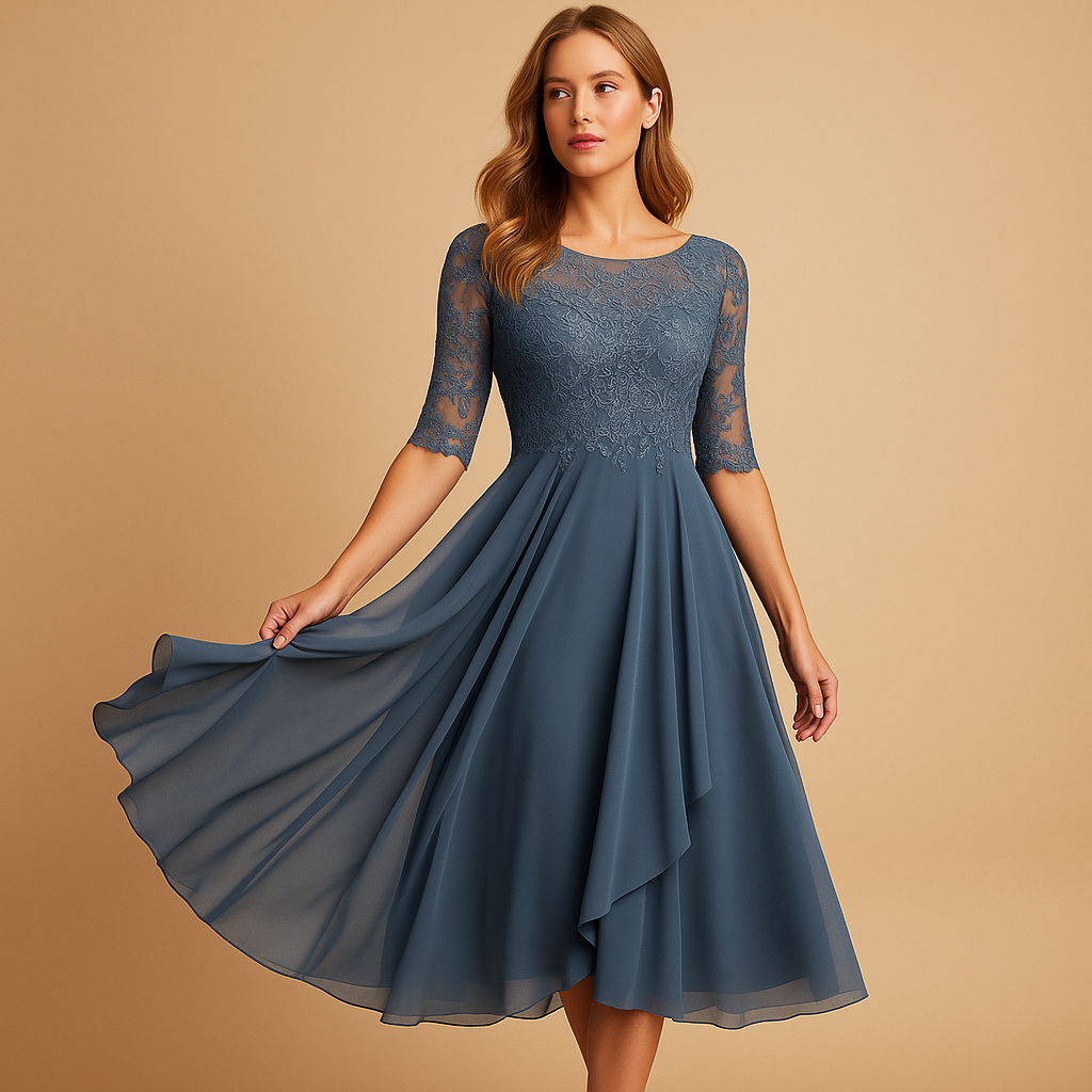 Women’s lace top asymmetric midi dress with layered skirt and elbow-length sleeves, perfect for cocktail parties and elegant occasions.