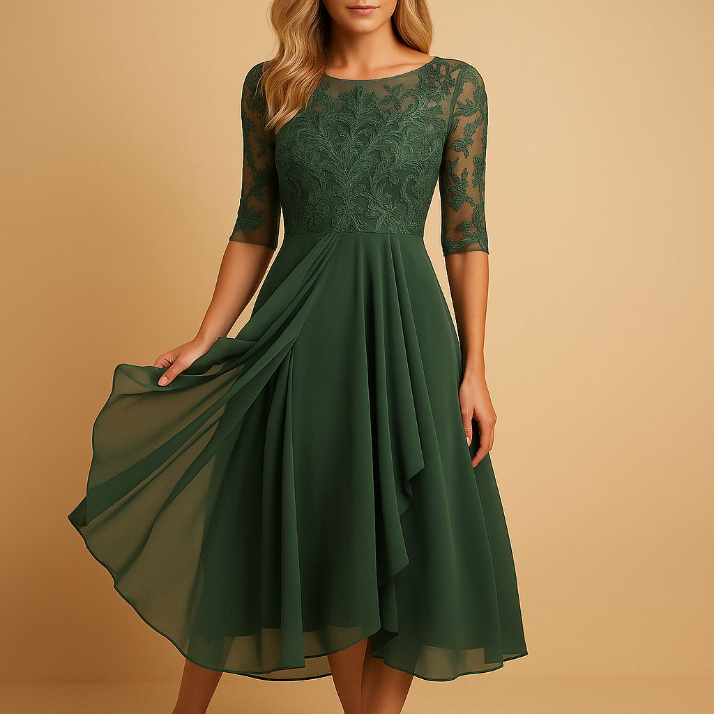 Women’s lace top asymmetric midi dress with layered skirt and elbow-length sleeves, perfect for cocktail parties and elegant occasions.