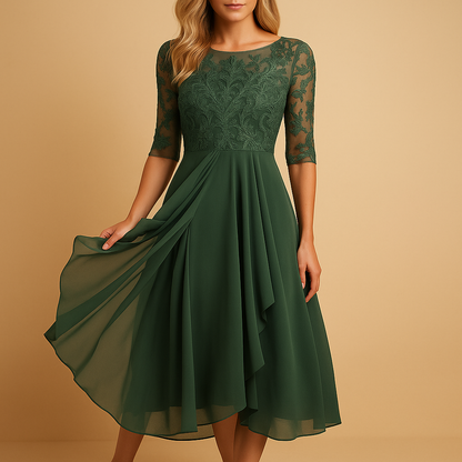 Women’s lace top asymmetric midi dress with layered skirt and elbow-length sleeves, perfect for cocktail parties and elegant occasions.