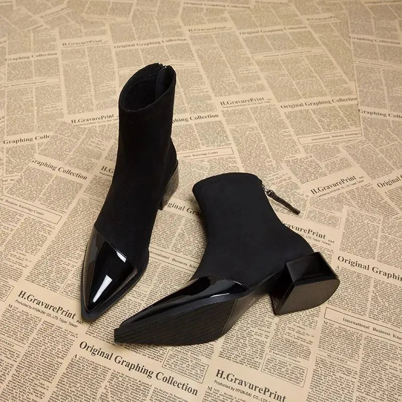 Women's Ankle Boots Pointed Toe Block Heel Black