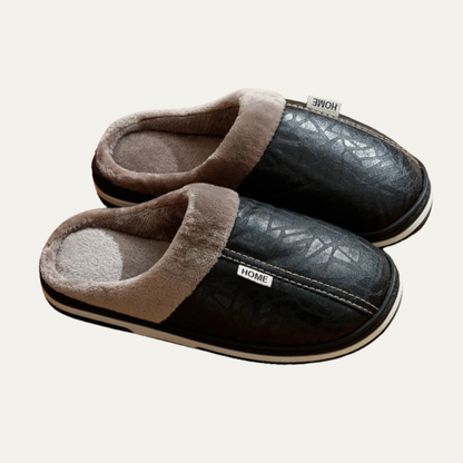 Men's Leather Mule House Shoes Fur Lined Warm Brown - VibreMode