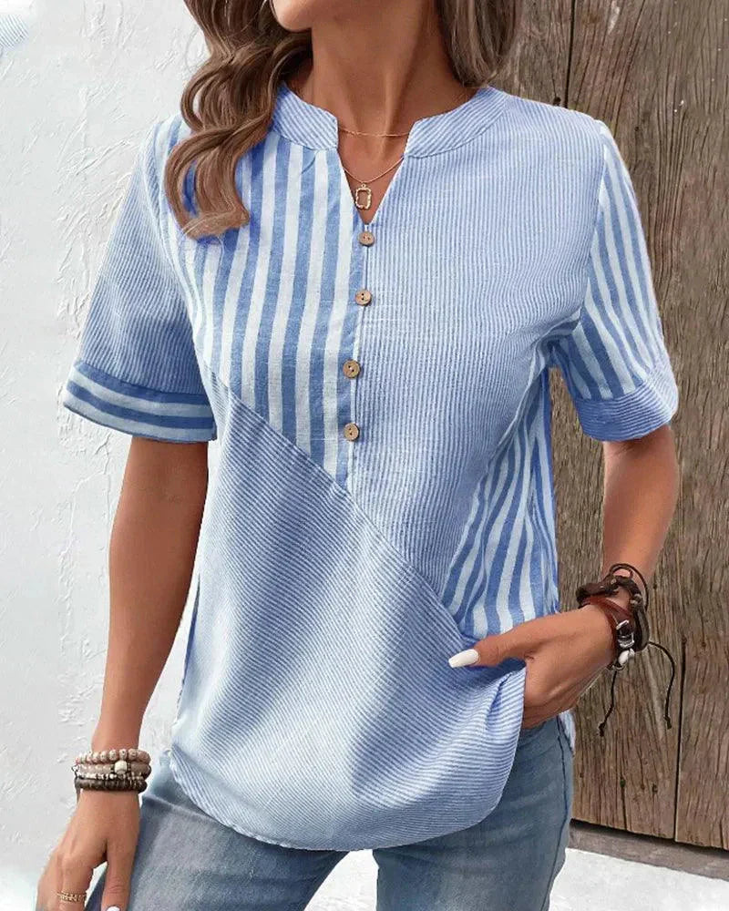 Women's Striped Blouse Mandarin Collar Lightweight