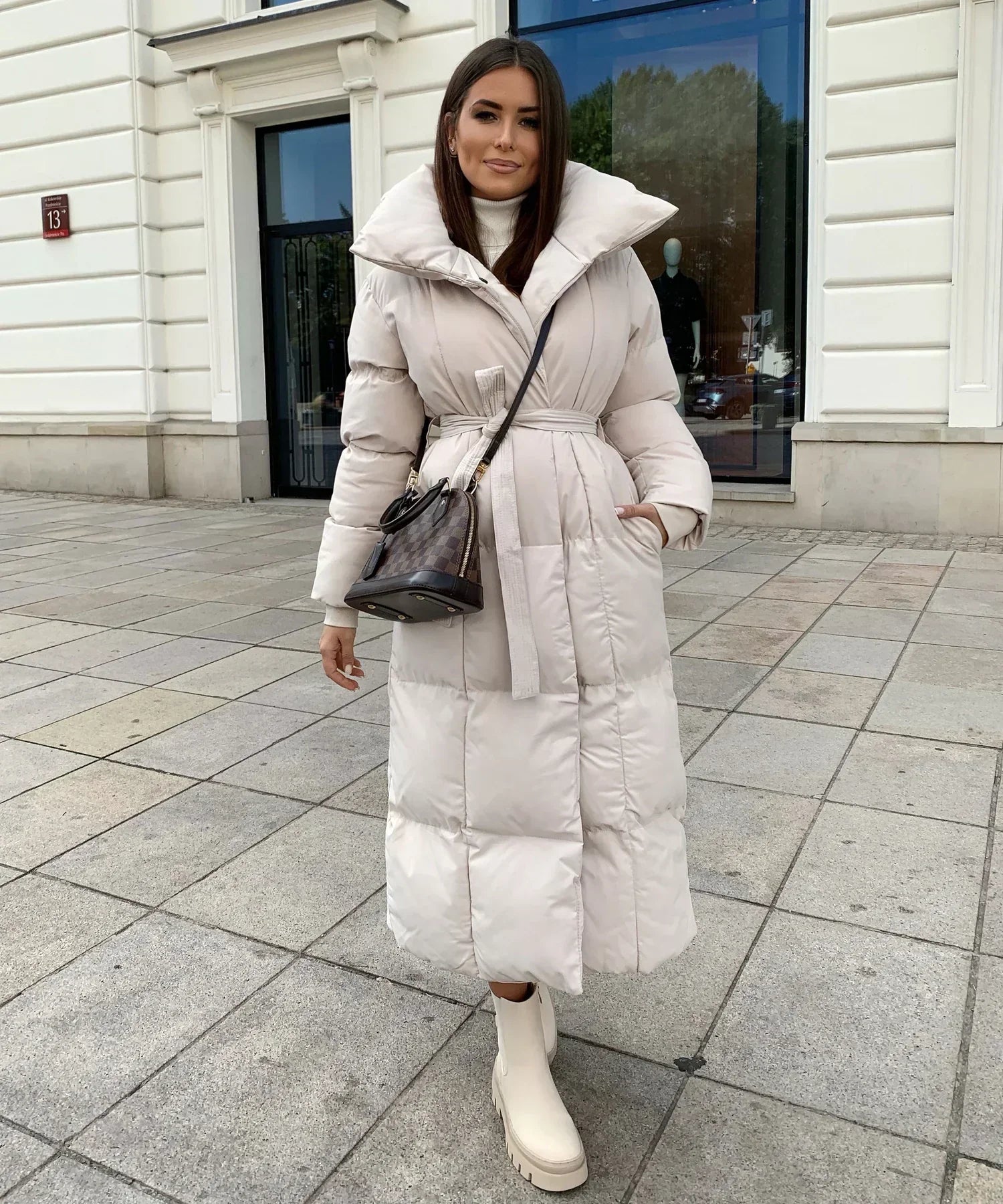 Women's Long Puffer Coat Belted High Collar - VibreMode