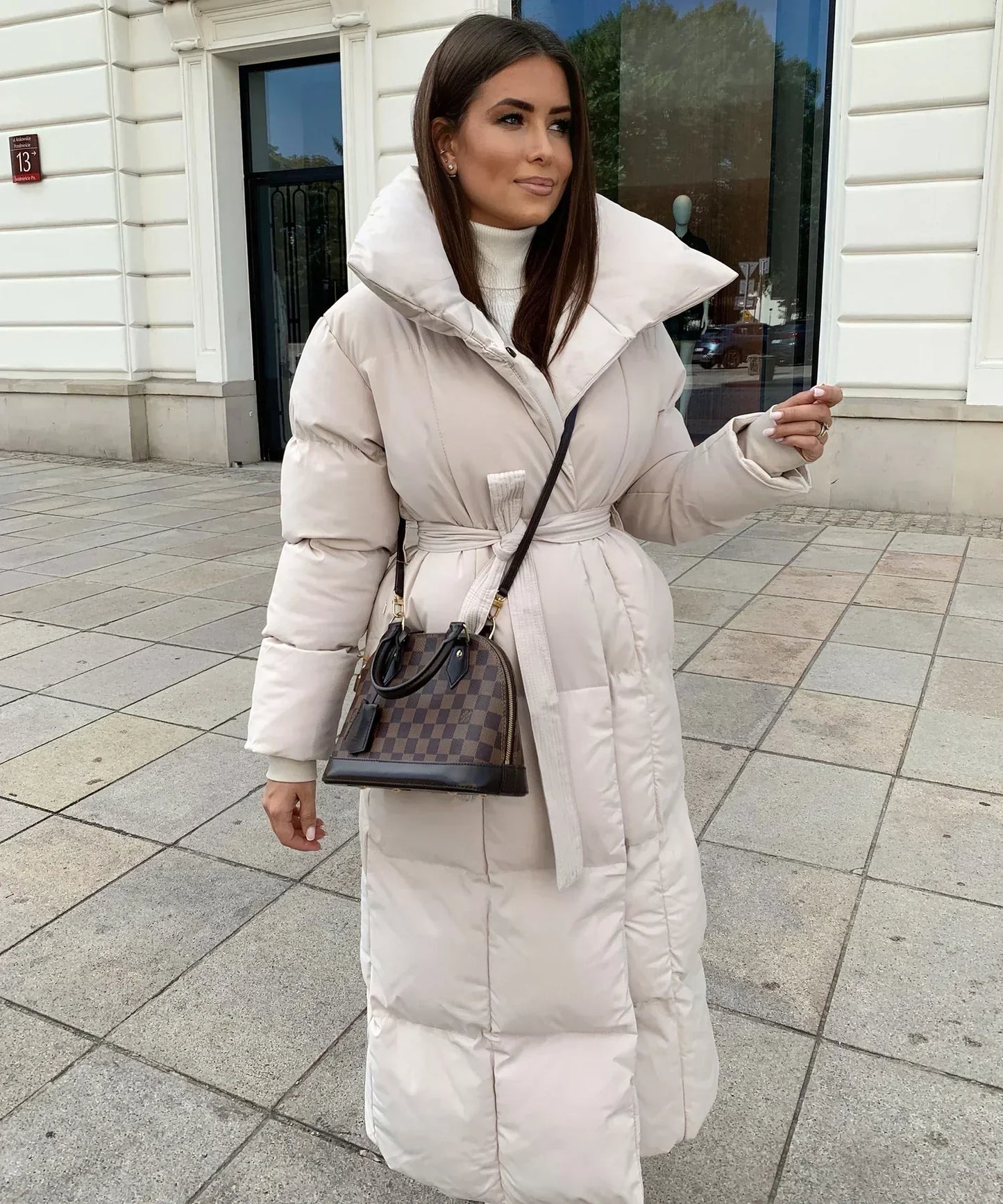 Women's Long Puffer Coat Belted High Collar