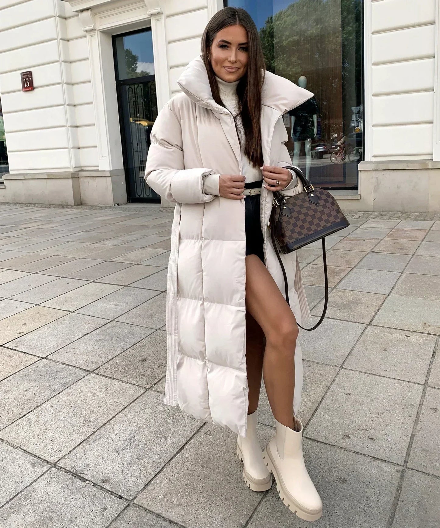 Women's Long Puffer Coat Belted High Collar