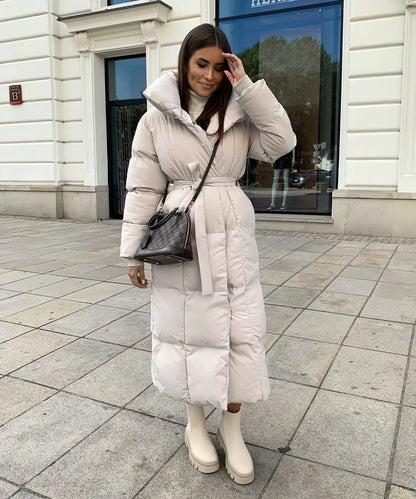 Women's Long Puffer Coat Belted High Collar