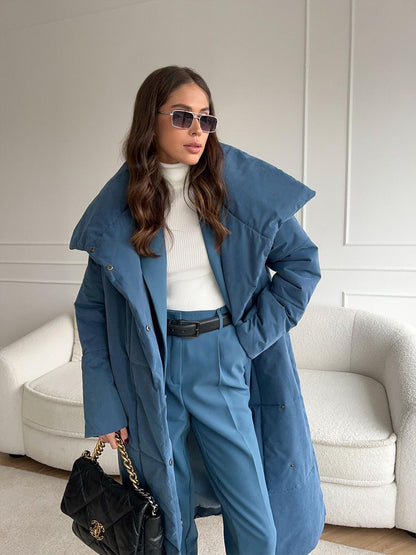 Women's Long Puffer Coat Belted High Collar