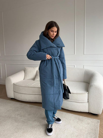 Women's Long Puffer Coat Belted High Collar