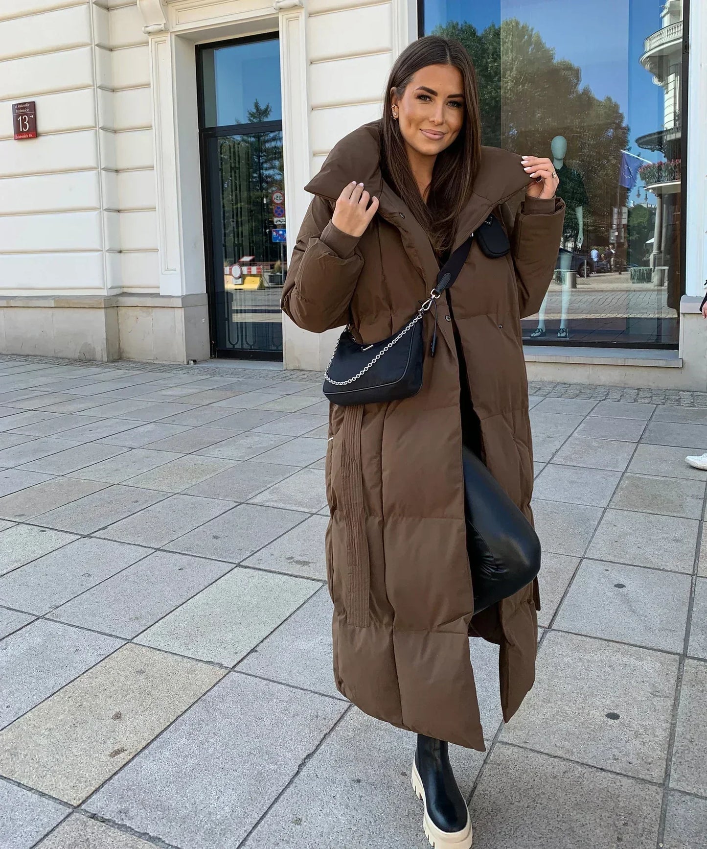 Women's Long Puffer Coat Belted High Collar