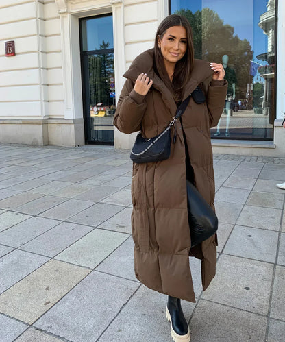 Women's Long Puffer Coat Belted High Collar