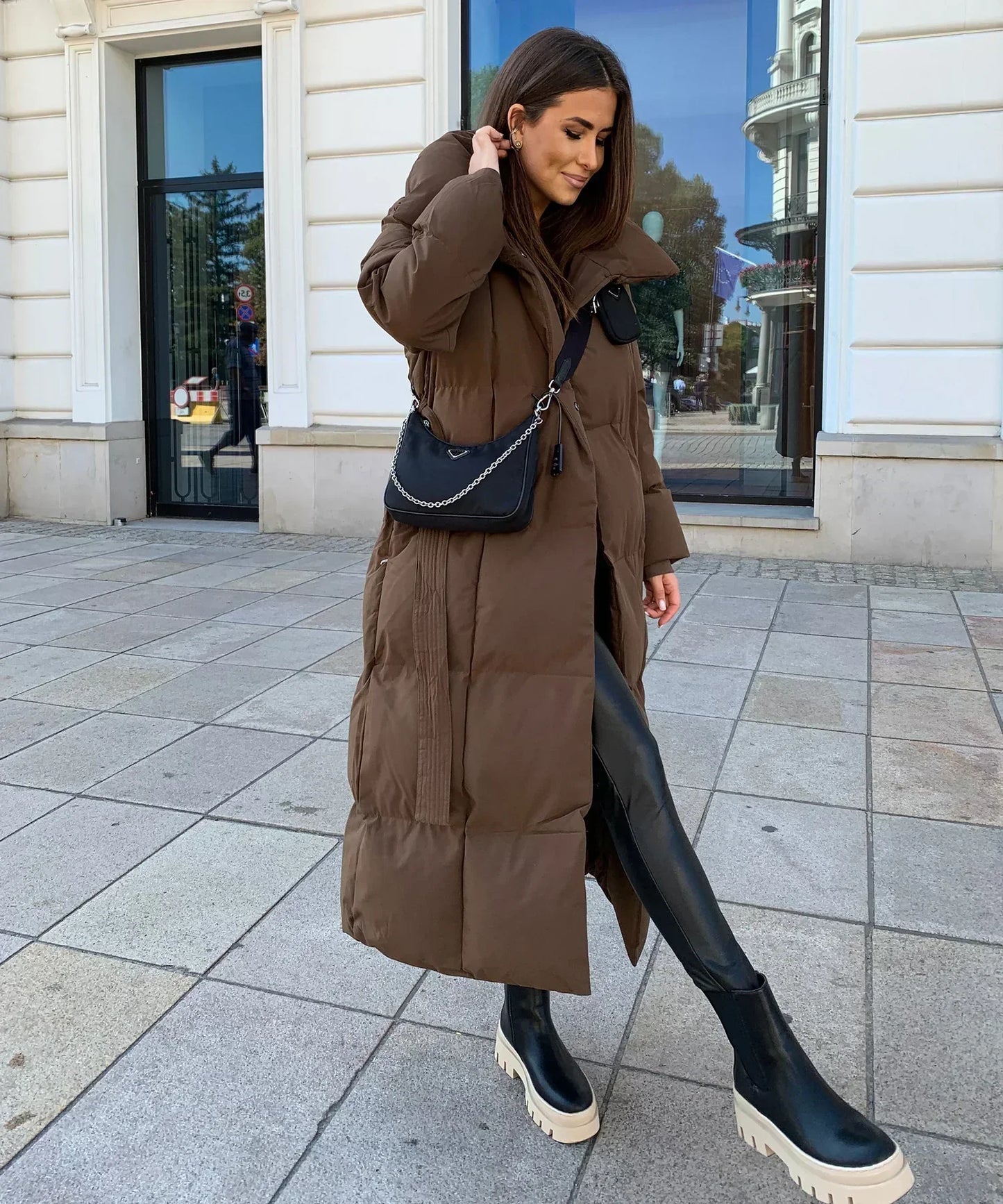 Women's Long Puffer Coat Belted High Collar