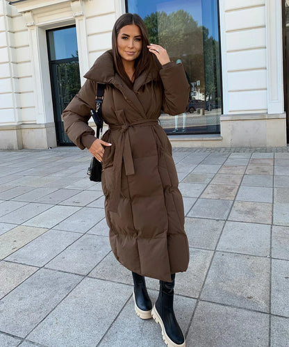 Women's Long Puffer Coat Belted High Collar