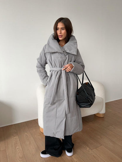 Women's Long Puffer Coat Belted High Collar