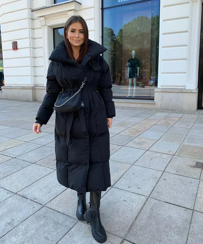 Women's Long Puffer Coat Belted High Collar