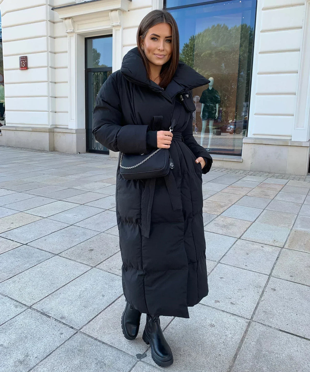 Women's Long Puffer Coat Belted High Collar