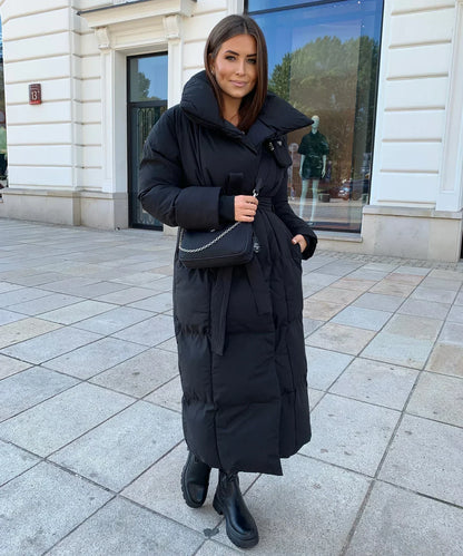 Women's Long Puffer Coat Belted High Collar