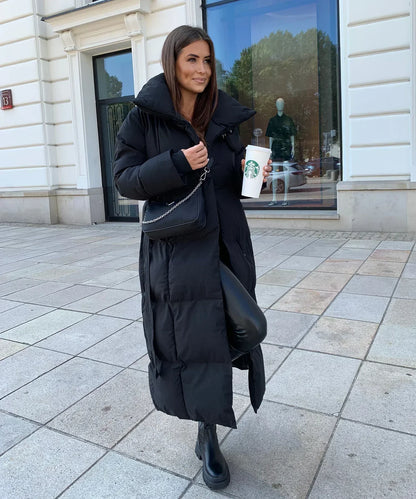 Women's Long Puffer Coat Belted High Collar