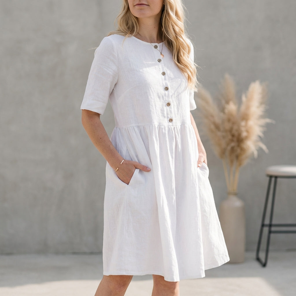 Women's A-Line Midi Dress Button Front - VibreMode