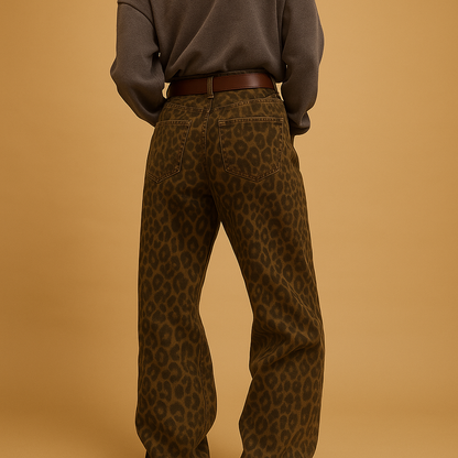 Women’s leopard print slim fit jeans with a flattering silhouette and bold animal print design, perfect for casual outfits or stylish evening looks.