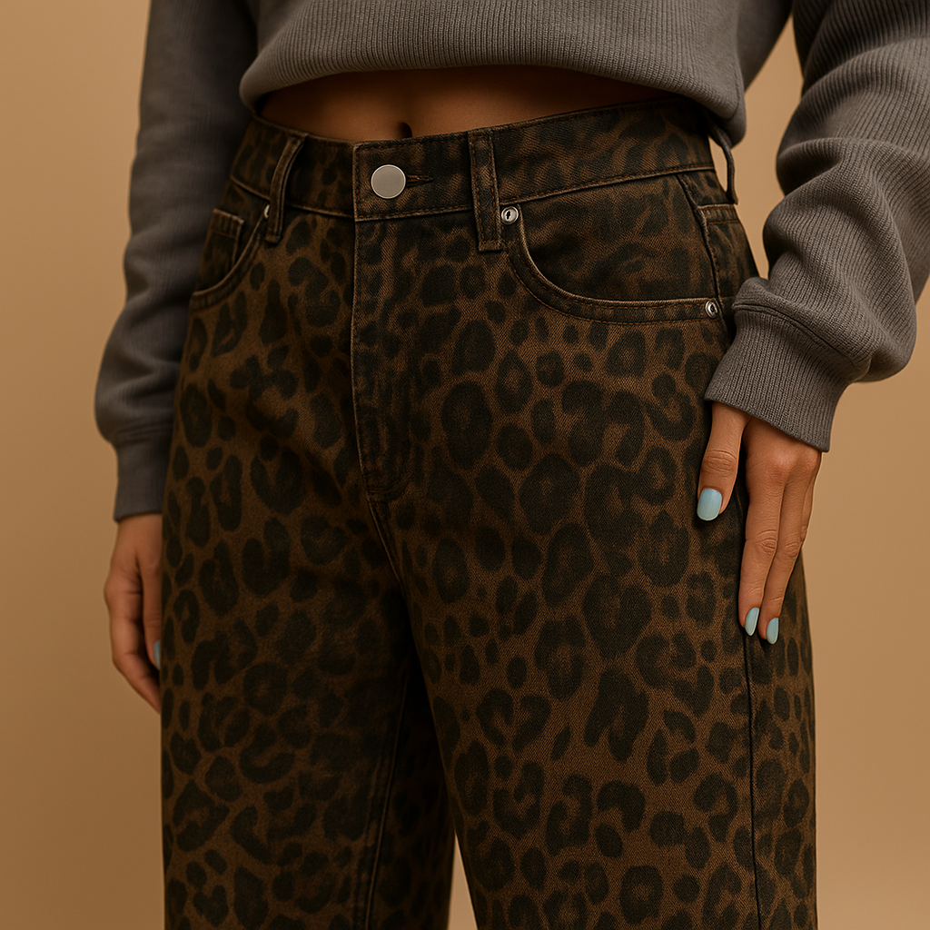 Women’s leopard print slim fit jeans with a flattering silhouette and bold animal print design, perfect for casual outfits or stylish evening looks.