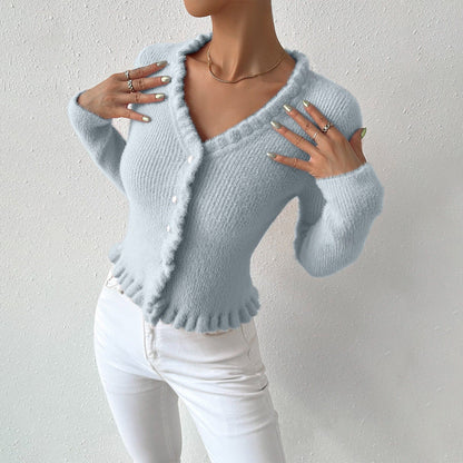 Image of Leslie | Women's Ruffle Trim Button-Front Cardigan