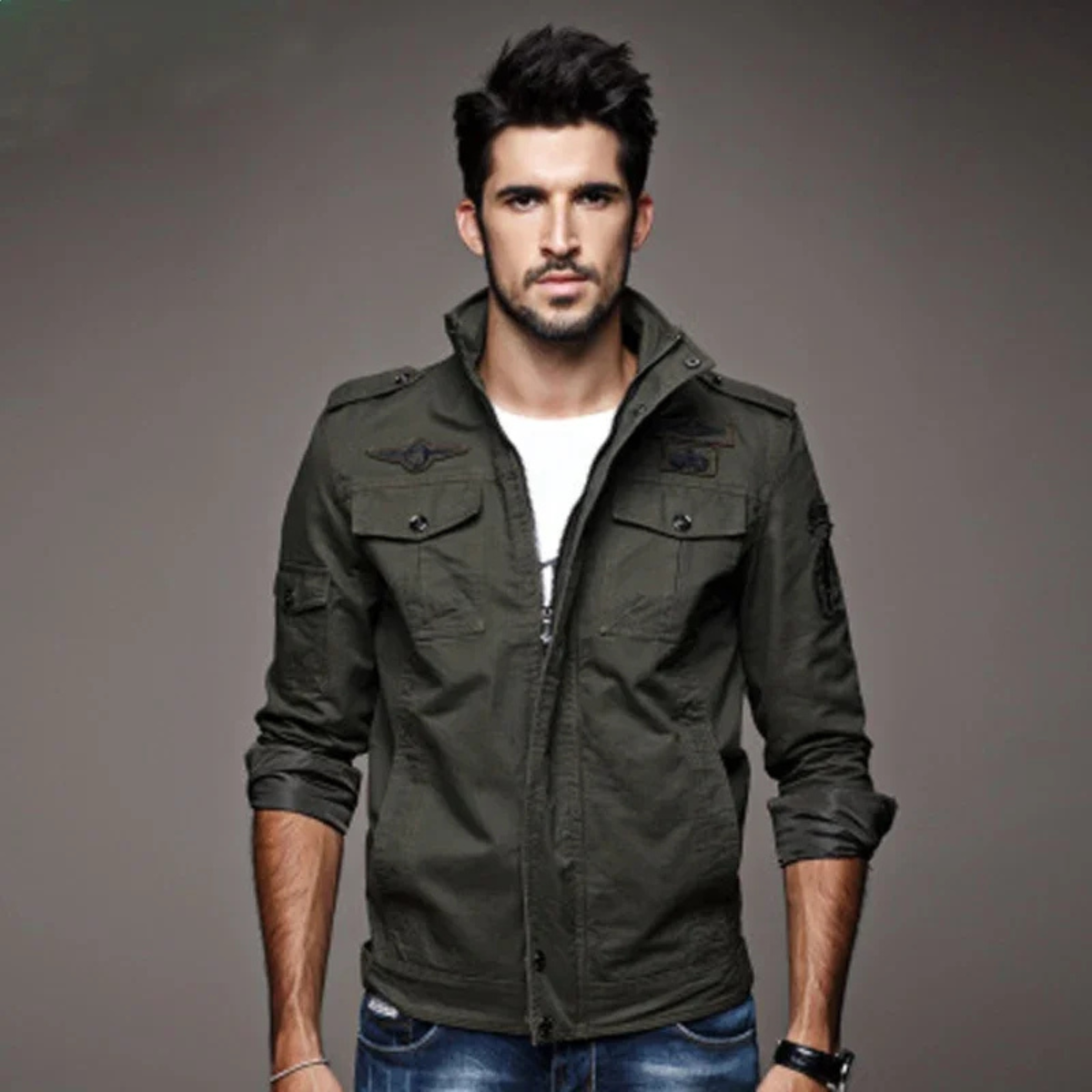Men's Military Jacket Stand Collar Multiple Pockets
