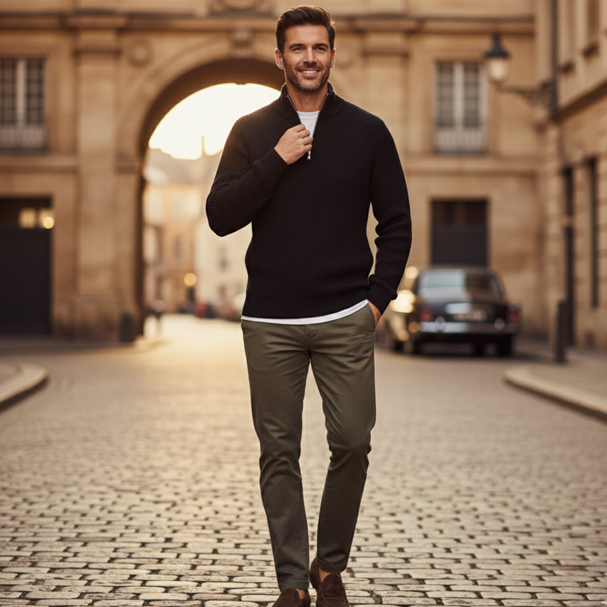 Men's Quarter Zip Ribbed Knit Sweater