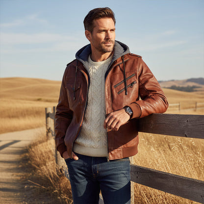 Men's Leather Bomber Jacket Hooded Classic Style