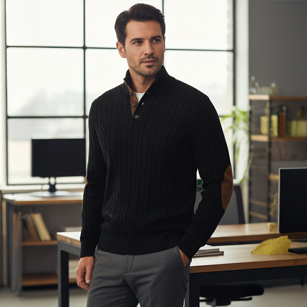 Men's Cable Knit Sweater Stand Collar