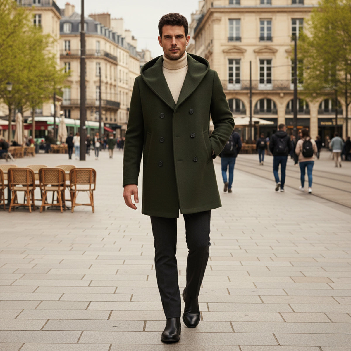 Men's Double Breasted Hooded Trench Coat