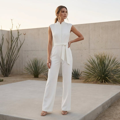 Women's Wide Leg Jumpsuit Ankle Length Mock Neck Beige