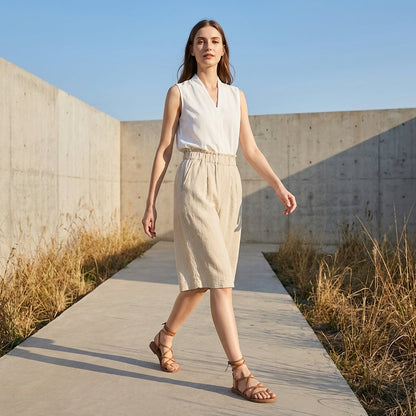 Women's Wide Leg Shorts Cotton Relaxed Fit Beige