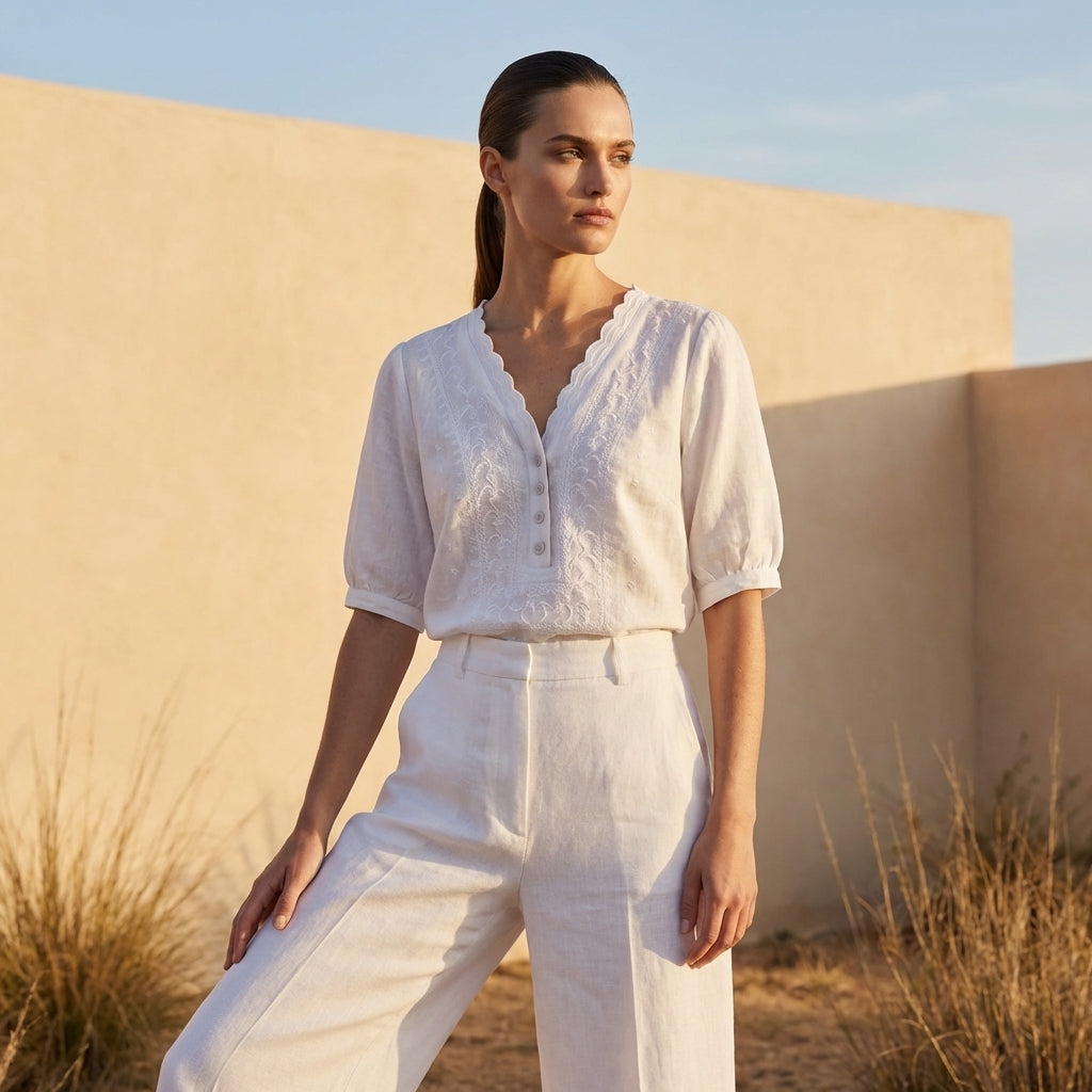 Chloe Women's Relaxed V-Neck Blouse Embroidered White