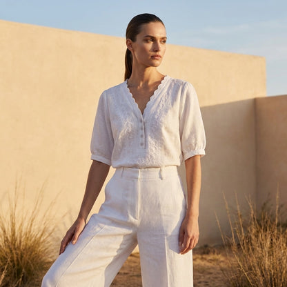 Chloe Women's Relaxed V-Neck Blouse Embroidered White