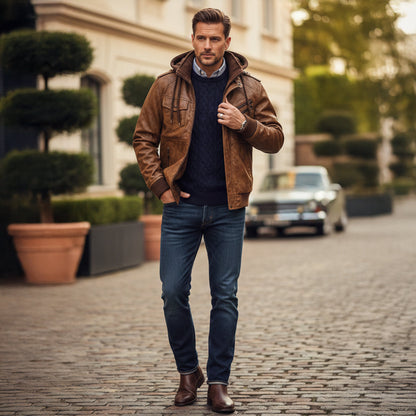 Men's Leather Bomber Jacket Hooded Classic Style