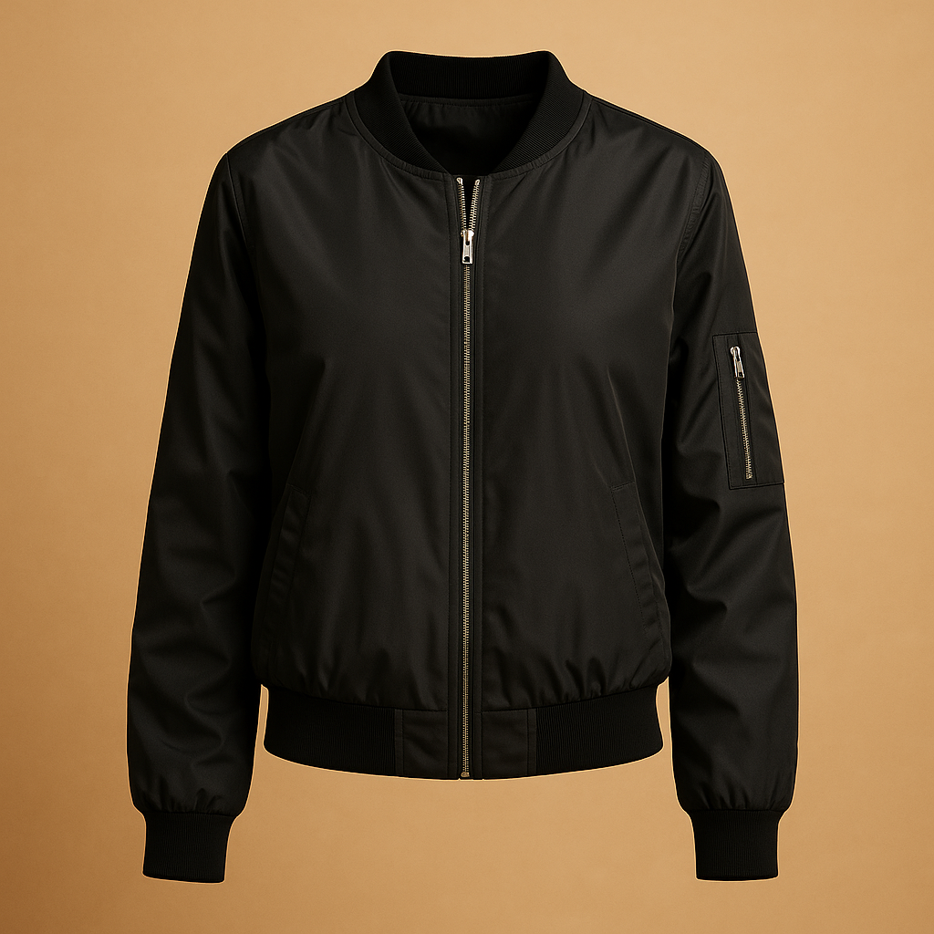 Woman wearing a lightweight bomber jacket with zipper and side pockets, ideal for warm weather and everyday summer outfits.