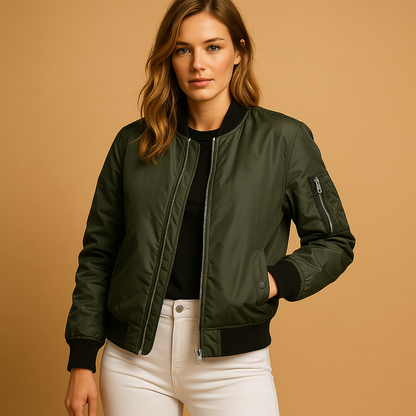 Woman wearing a lightweight bomber jacket with zipper and side pockets, ideal for warm weather and everyday summer outfits.