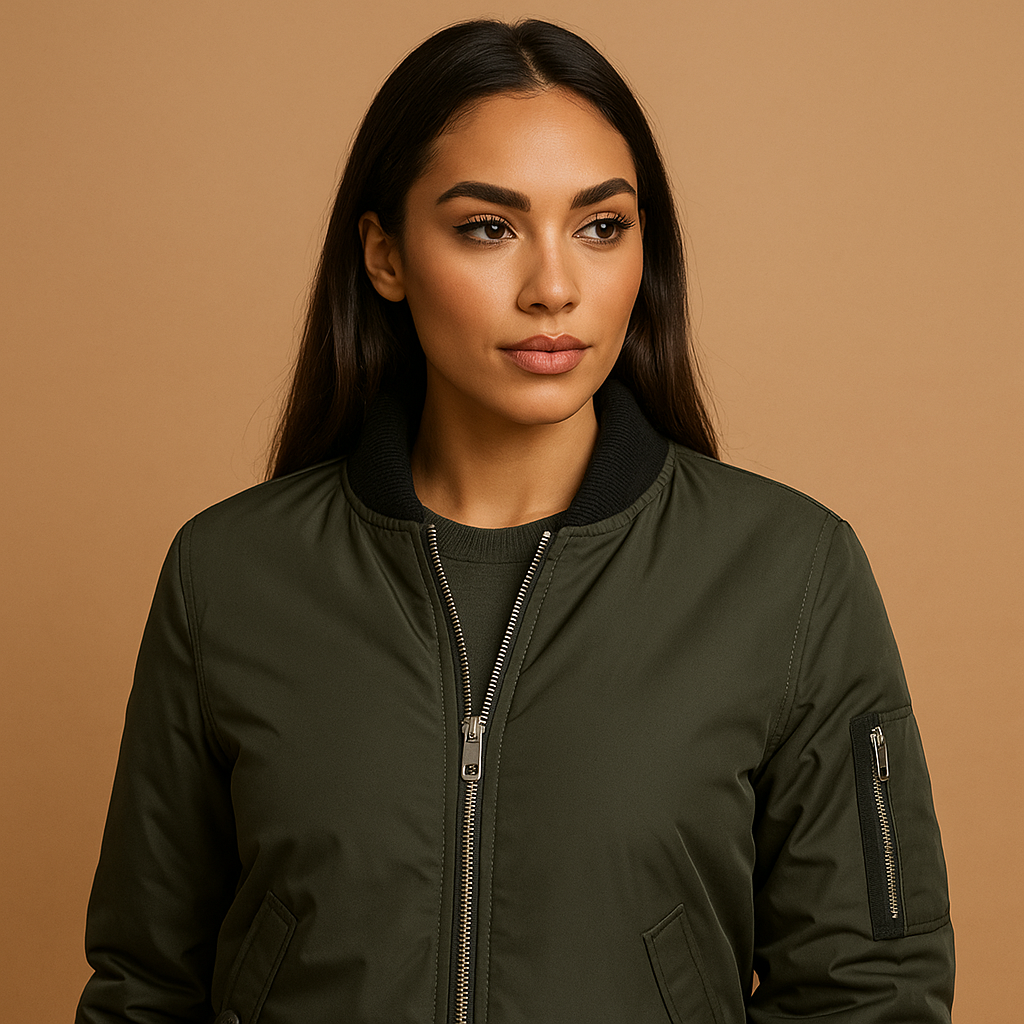 Woman wearing a lightweight bomber jacket with zipper and side pockets, ideal for warm weather and everyday summer outfits.
