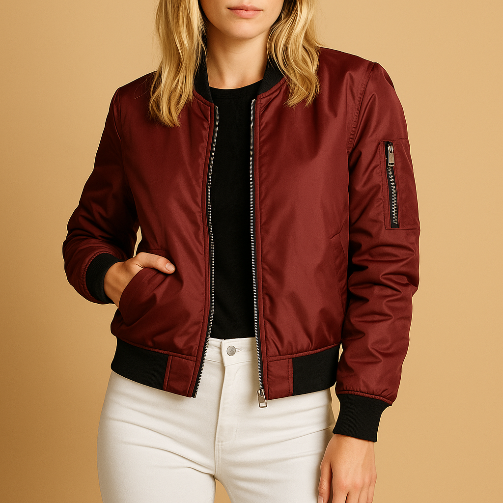 Woman wearing a lightweight bomber jacket with zipper and side pockets, ideal for warm weather and everyday summer outfits.