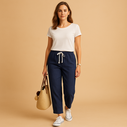 Lightweight breathable casual trousers for women designed for comfortable everyday wear, walking, travel, and relaxed spring outfits.