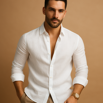 Lightweight breathable summer dress shirt for men with a comfortable classic fit, ideal for warm days, casual outfits, and semi-formal occasions.