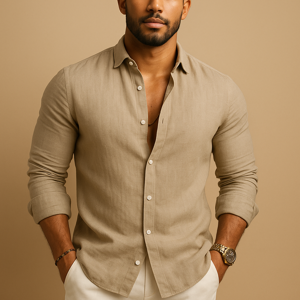 Lightweight breathable summer dress shirt for men with a comfortable classic fit, ideal for warm days, casual outfits, and semi-formal occasions.
