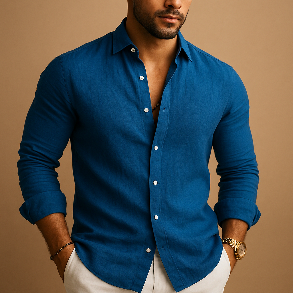 Lightweight breathable summer dress shirt for men with a comfortable classic fit, ideal for warm days, casual outfits, and semi-formal occasions.
