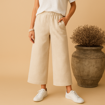 Lightweight breathable summer trousers for women with a comfortable regular fit, ideal for spring and summer outfits, casual wear, and warm weather styling.