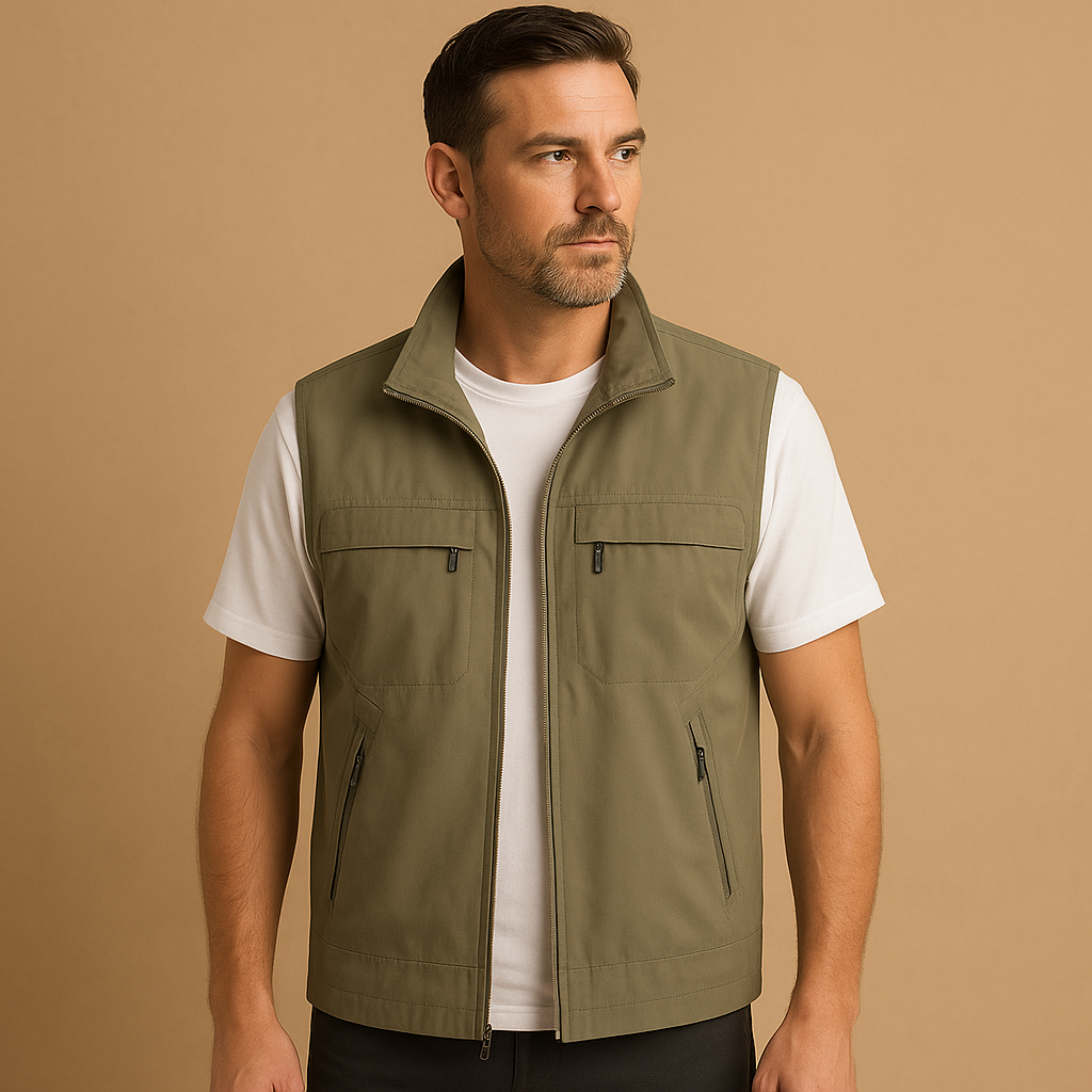 Lightweight outdoor utility vest for men with breathable mesh fabric and multiple pockets, ideal for hiking, fishing, camping, and outdoor adventures.