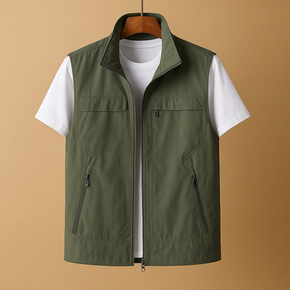 Lightweight outdoor utility vest for men with breathable mesh fabric and multiple pockets, ideal for hiking, fishing, camping, and outdoor adventures.
